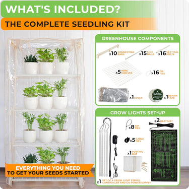Indoor Greenhouse with Transparent PVC Tent Cover with Roll-Up Zipper Door, Dimmable 15W Full-Spectrum LED Light Strips, Heating Mats & Potting Mat